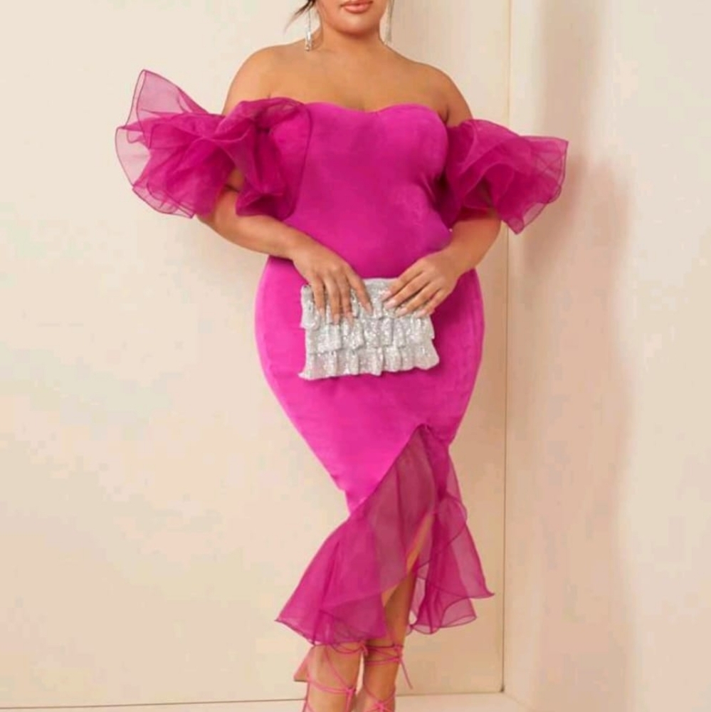 Pink Ruffled Mermaid Off Shoulder Dress - Picture 6 of 9